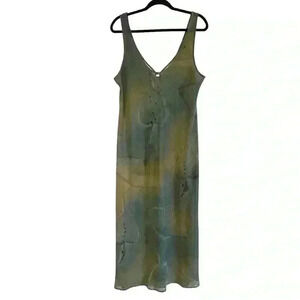 Gorgeous DIAMOND TEA  Natural Leaf Print 90s Bias Cut Sheer Sleeveless Maxi Gown